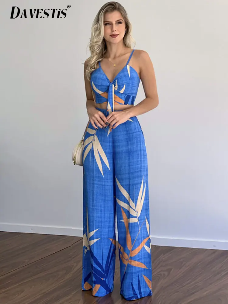 

2023 Summer New Arrival Women's Short Sets V-neck Vest and High Waist Printed Wide-leg Pants Casual Linen-like Two-piece Suit