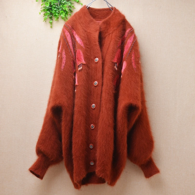 Women Fall Winter Vintage Hairy Angora Rabbit Hair Beading Embroidery Long Batwing Sleeve Lazy Oaf Loose Cardigan Jacket Sweater