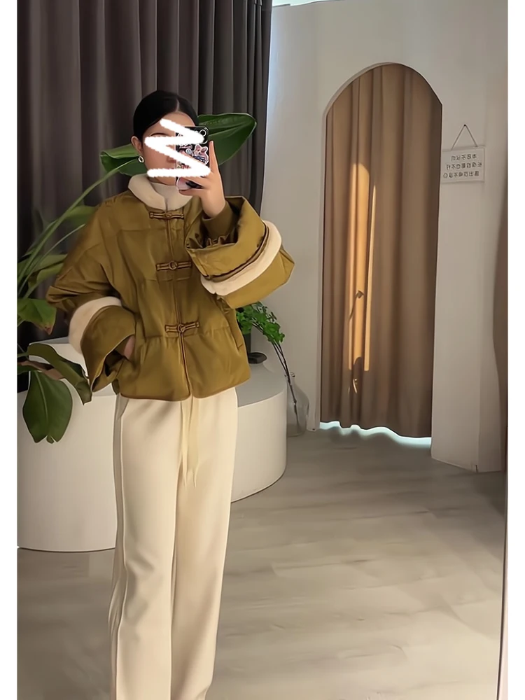 Зеленый меховой воротник в стиле пэчворк с пряжкой Куртка на хлопковой подкладке