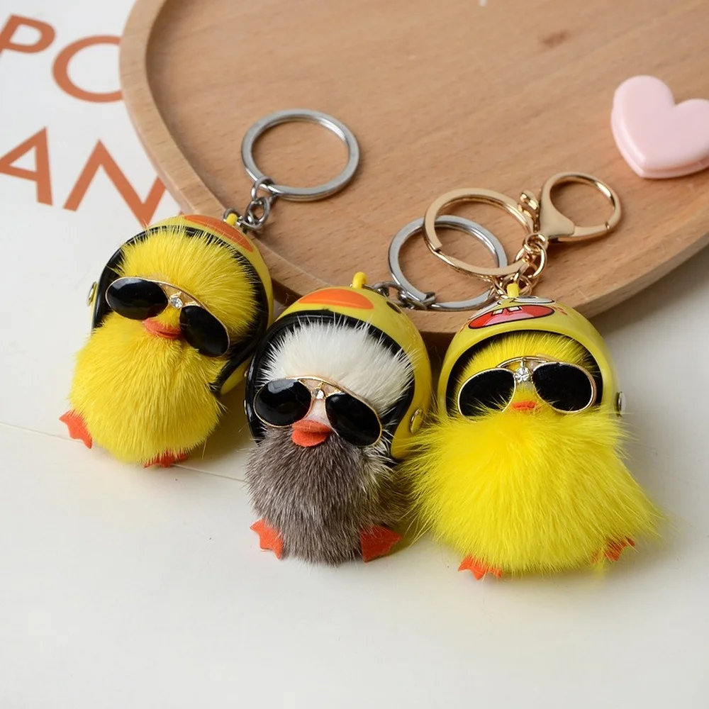 

Helmeted Little Yellow Duck Keychain Fashion Cute Backpack Pendant Mini Mink Hair Sunglasses Duck Car Key Ring
