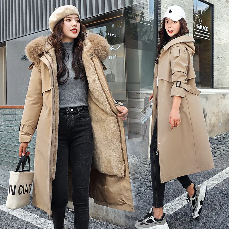 Korean Style Women Winter Jacket Hooded Thicken Parkas Coat Fleece Wool Liner Distachable Warm Long Thick Faux Fur Padded Parkas