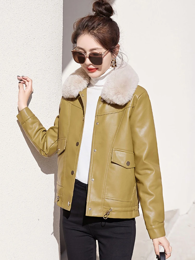 New Women Plus Velvet Lining Leather Jacket Autumn Winter Casual Fashion Fur Collar Loose Thicken Warm Leather Coat Female enlarge