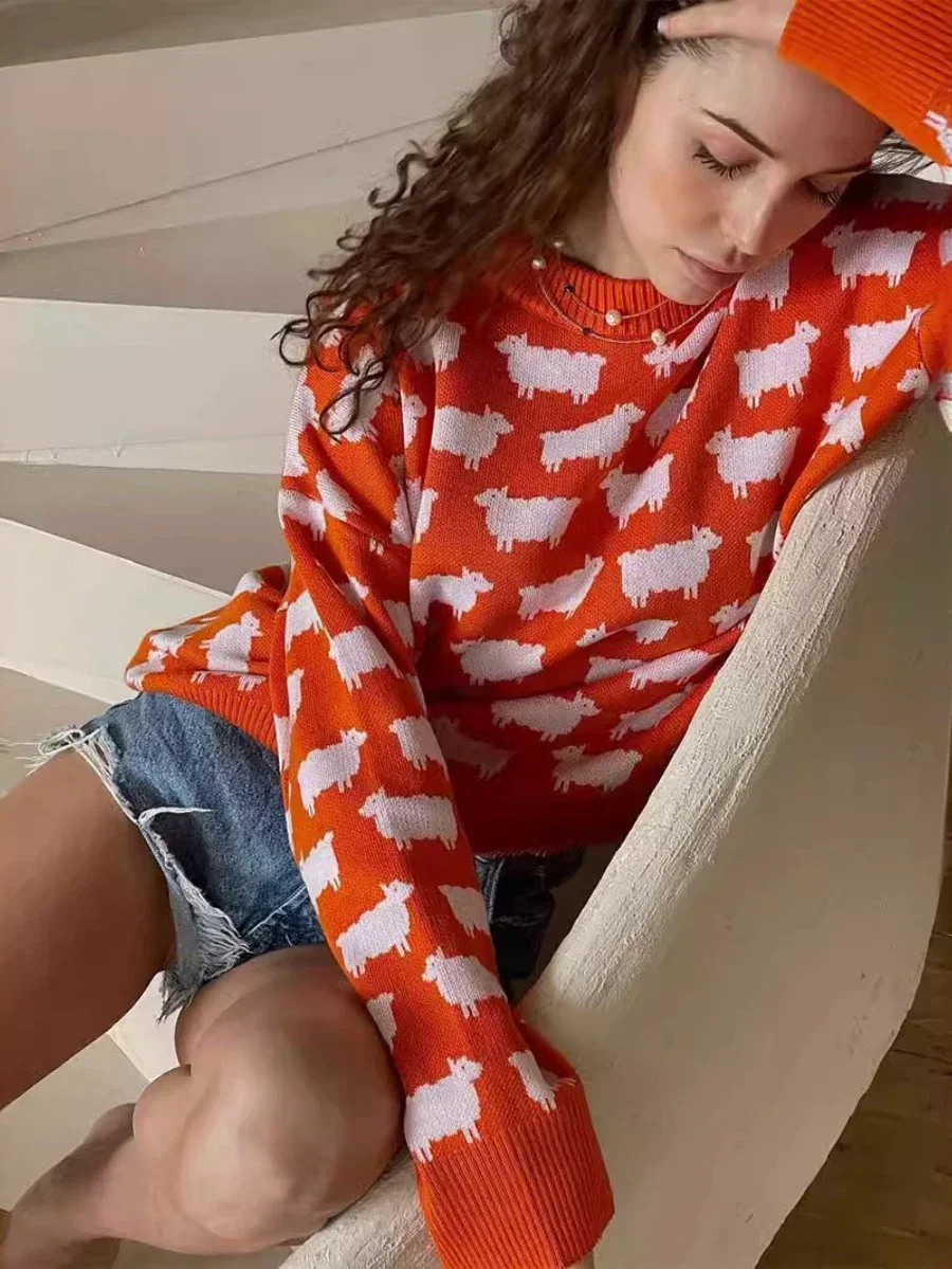 Wolfeel женский свободный повседневный свитер с круглым вырезом и принтом альпаки