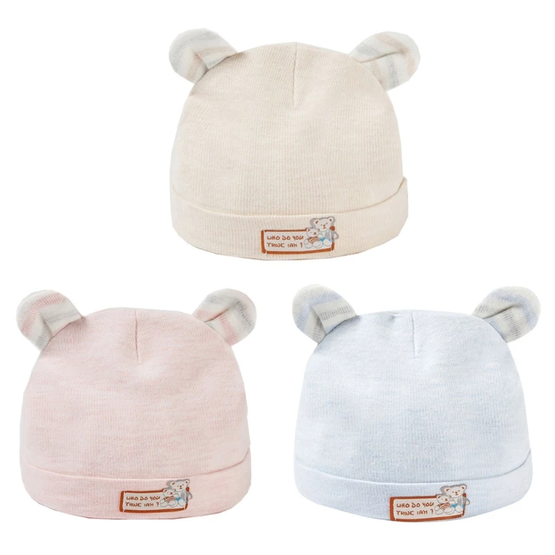 

0-6 Months Baby Cute Bear Ears Hat Soft Cotton Beanie Cap Headwear Infant Solid Color Bonnet Hospital Hat Gifts