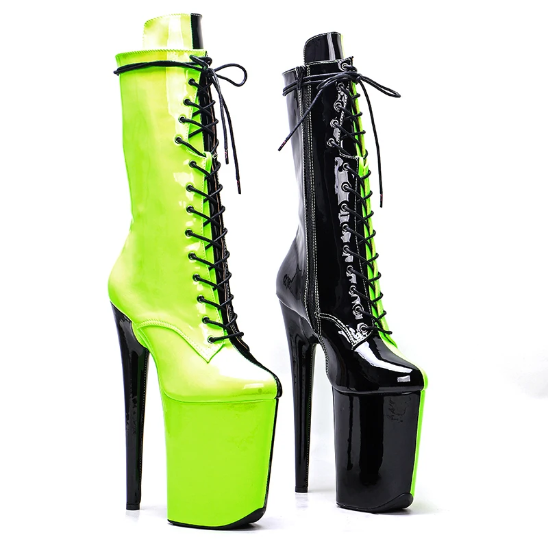 Leecabe  23CM/9inches Patent upper black color with green color Pole dancing shoes High Heel platform Pole Dance booties