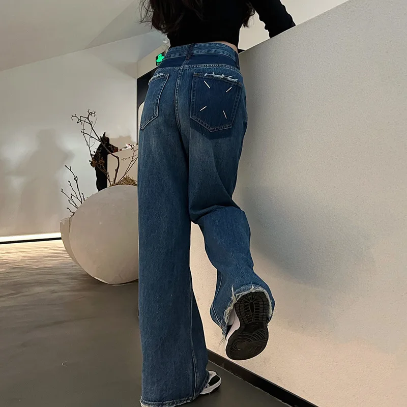 

Винтажные женские синие джинсы WeiYao с высокой талией 2023 корейская мода Y2k уличная одежда широкие брюки мешковатые джинсовые прямые брюки для мам