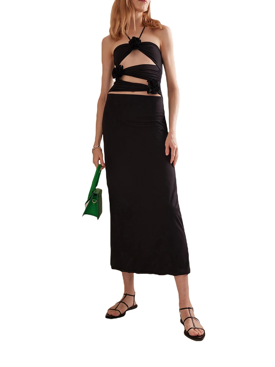 

Elegant V-Neck Sleeveless Maxi Dress with Lace-Up Back and Ruched Bodycon Detail - Stylish Partywear for Women