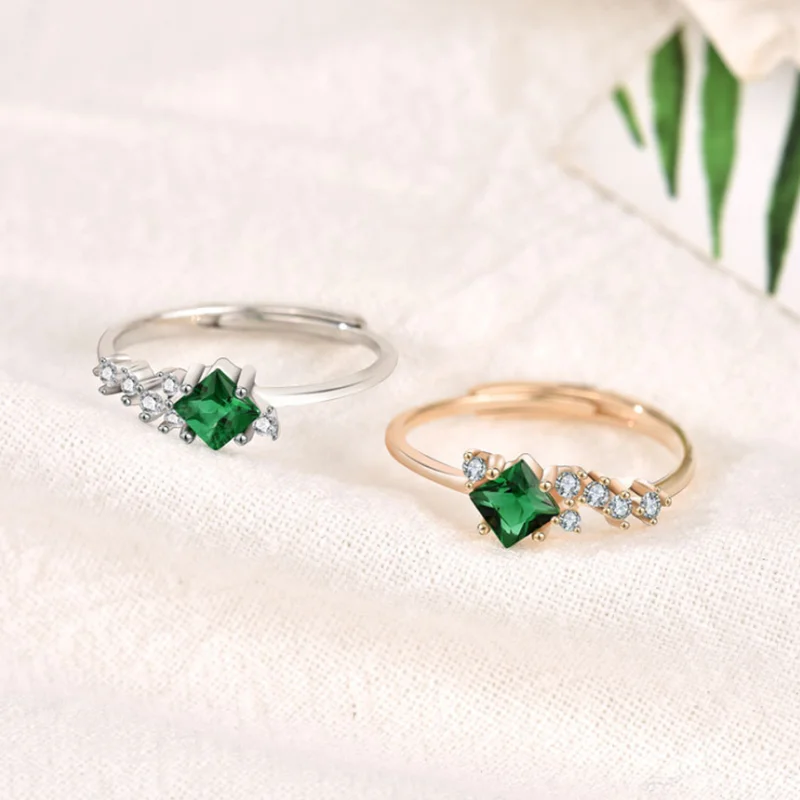 

Retro Emerald Shiny Zircon Gold Charming Wedding Fashion Resizable 925 Silver Ring Handmade Jewelry For Women
