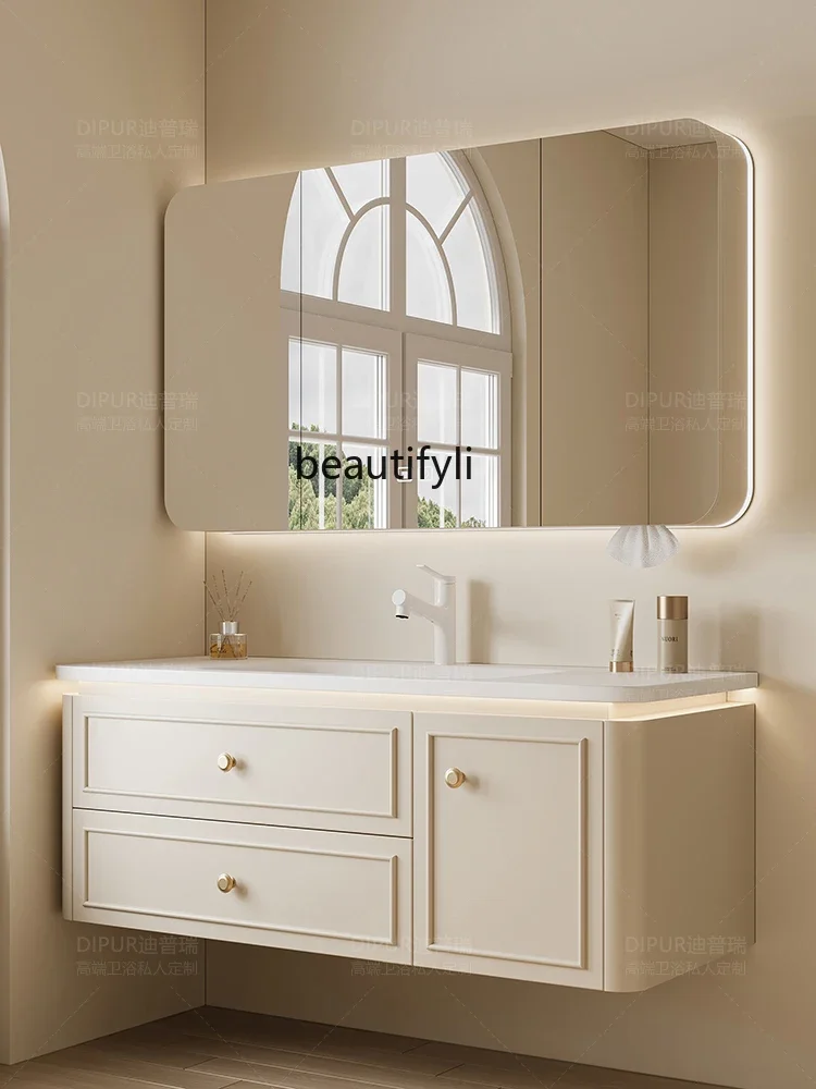 Сливочный шкаф для ванной Corian встроенная керамическая раковина с дубовой дугой