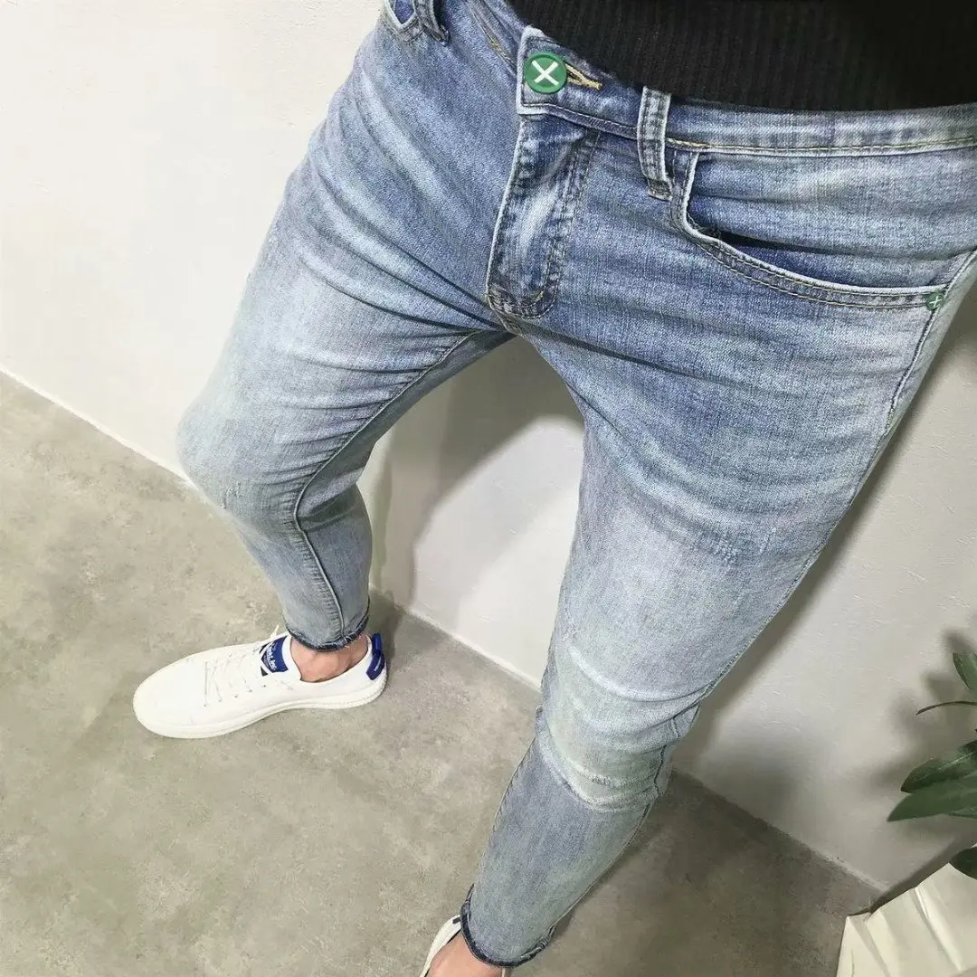 

Fashion 2022 Trendy Denim Jeans Pants Korean Social People Guy Feet Men Tight Embroidered Cowboy Teenagers Pencil Trousers