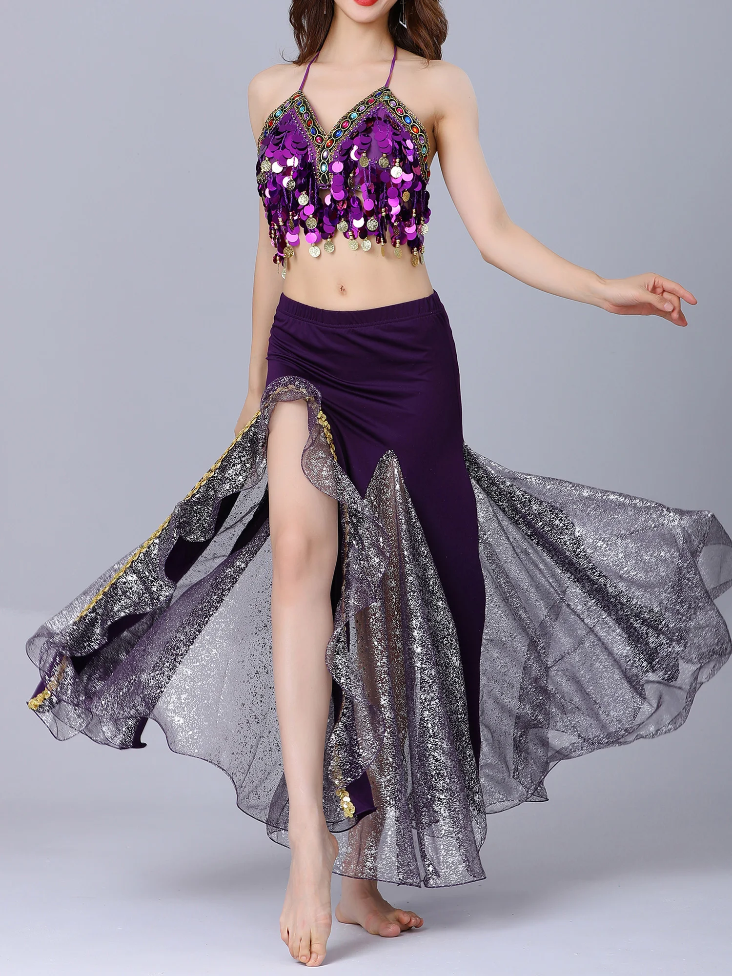 

3Pcs Womens Sequin Belly Dance Dress Set Adjustable Bra Top with Belt Chain And Split Skirt Performance Costume Outfit Cosplay