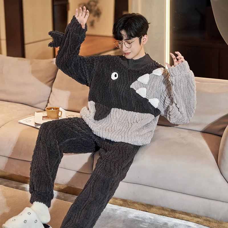 QUHENG 2022 Winter Flannel Men's Pajama Pants Set New Autumn Thick Warm Sleepwear for Couples Casual Loose Home Costumes Set