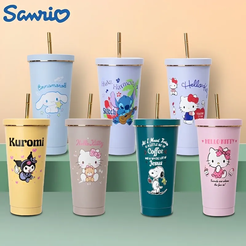 

Thermos Cup Kawaii Sanrio Hello Kitty Kit Anime Figure My Melody Kuromi 750ml Coffee Car Straw Sus304 Portable Office Kid Gift