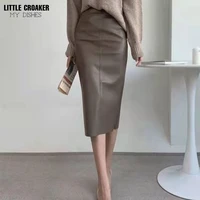 autumn winter 2022 new faux pu leather womens long skirt high waist skirt female straight side split a line pencil skirts