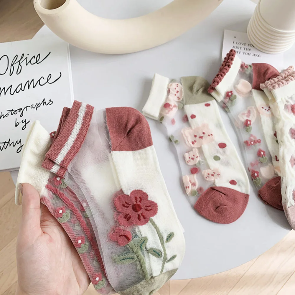 

Women's Socks Spring Summer New Retro Pink Transparent Short Woman Sock Glass Silk Breathable Flower Cute Ankle Socks Casual