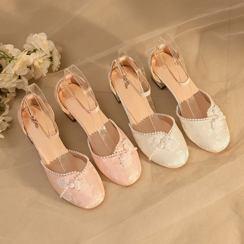 Шёлковые жаккардовые сандалии на толстом каблуке с круглым носком