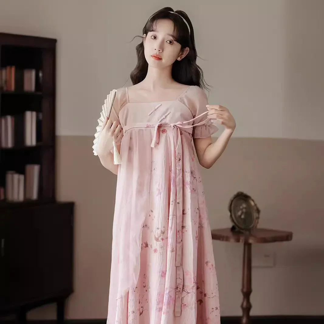 Лето 2024 тонкое платье с квадратным вырезом и бретелькой на шее в китайском стиле