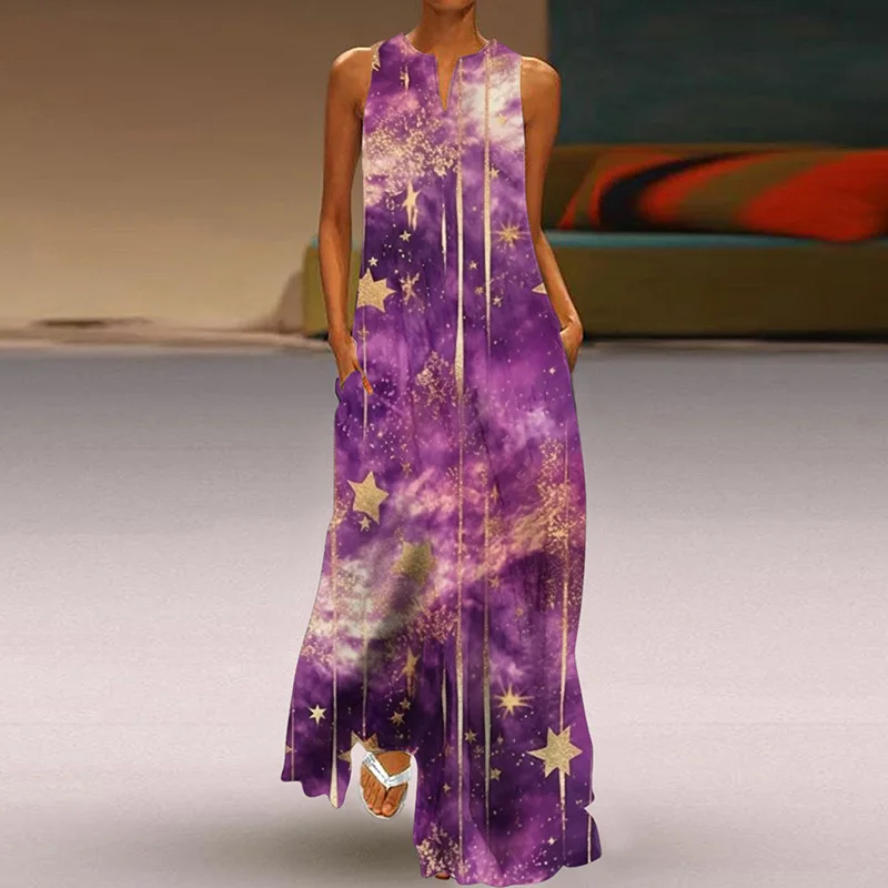 

Spring/Summer Sexy Woman Starry Sky Print Large Swing Dresses Women's Casual V-neck Sleeveless Loose Pocket Long Vestidos S-5XL