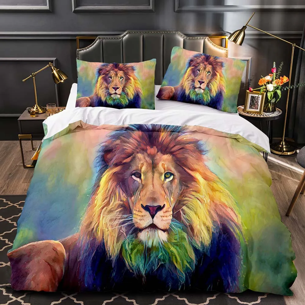 

Lion King Queen Duvet Cover Watercolor Animal Bedding Set for Kids Teens Adults Colorful Wildlife 2/3pcs Polyester Quilt Cover