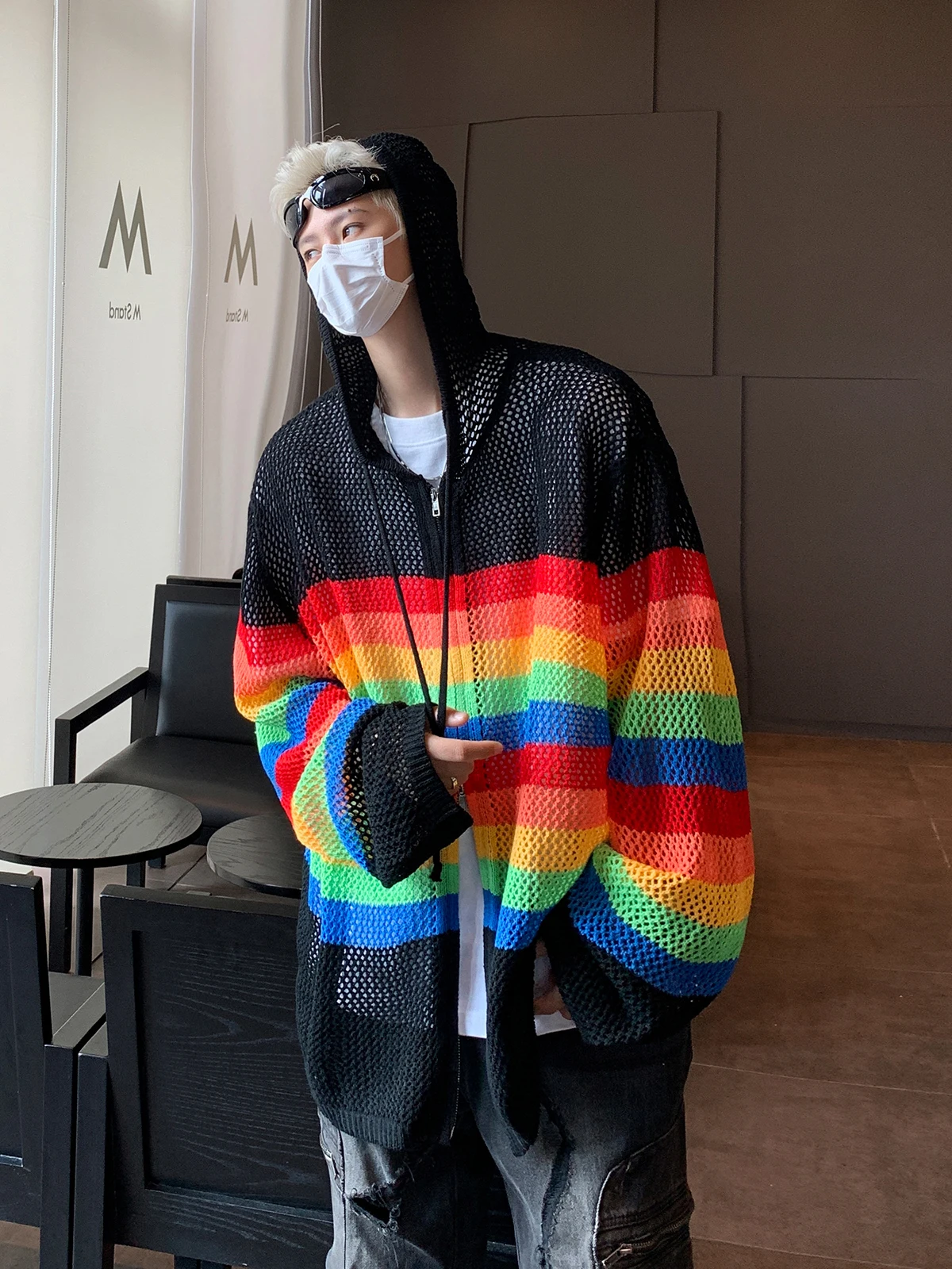 Spring and Autumn American Contrast Color Hollow out Hood Knitted Outerwear Men's Cleanfit Fashion Brand Couple Loose Cardiga... |