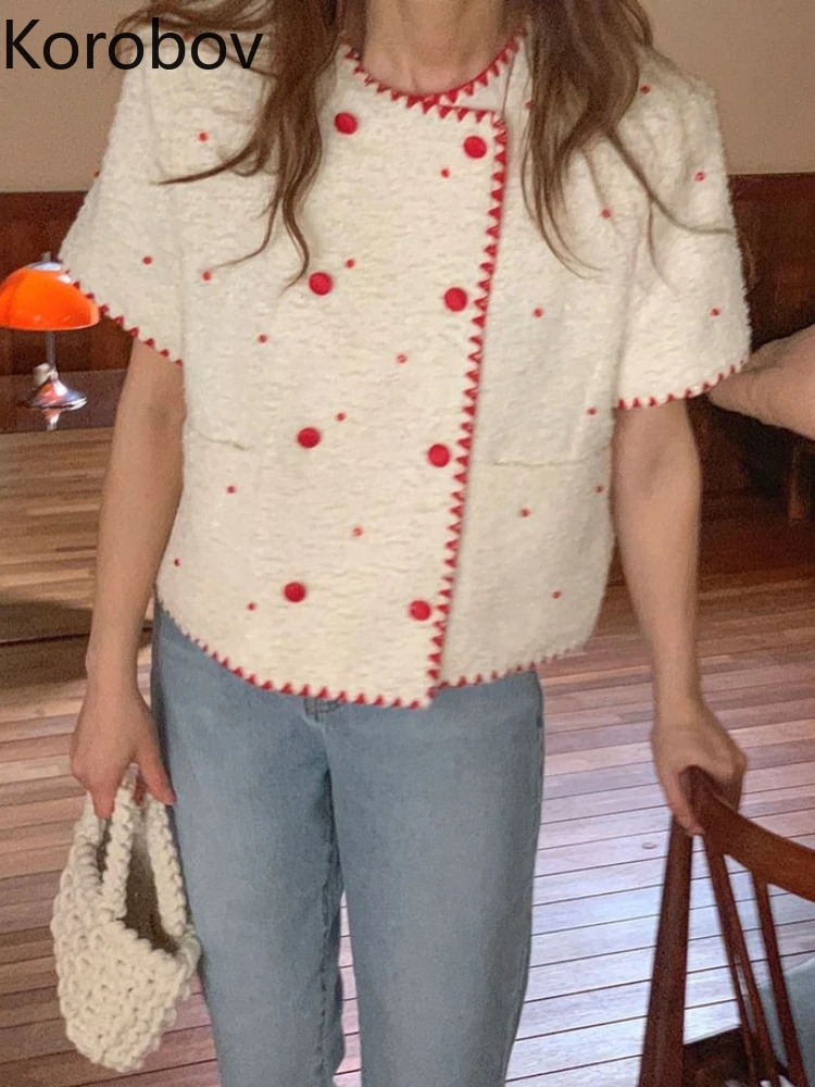

Korobov Chic Vintage Contrasting Colors Double Breasted Jacket Coat Fashionable Three-dimensional Polka Dot Roupas Femininas