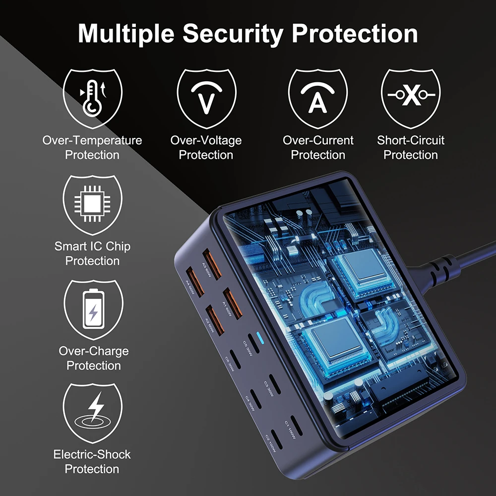 Зарядное устройство GaN мощностью 330 Вт USB C Быстрое настольное 10-портовое зарядное