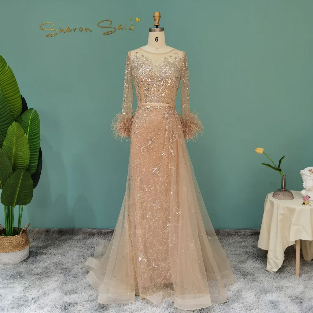 

Champagne Feathers Long Sleeve Evening Dresses Luxury Dubai Mermaid Burgundy Arabic Formal Prom Dress Women Wedding Party Gowns