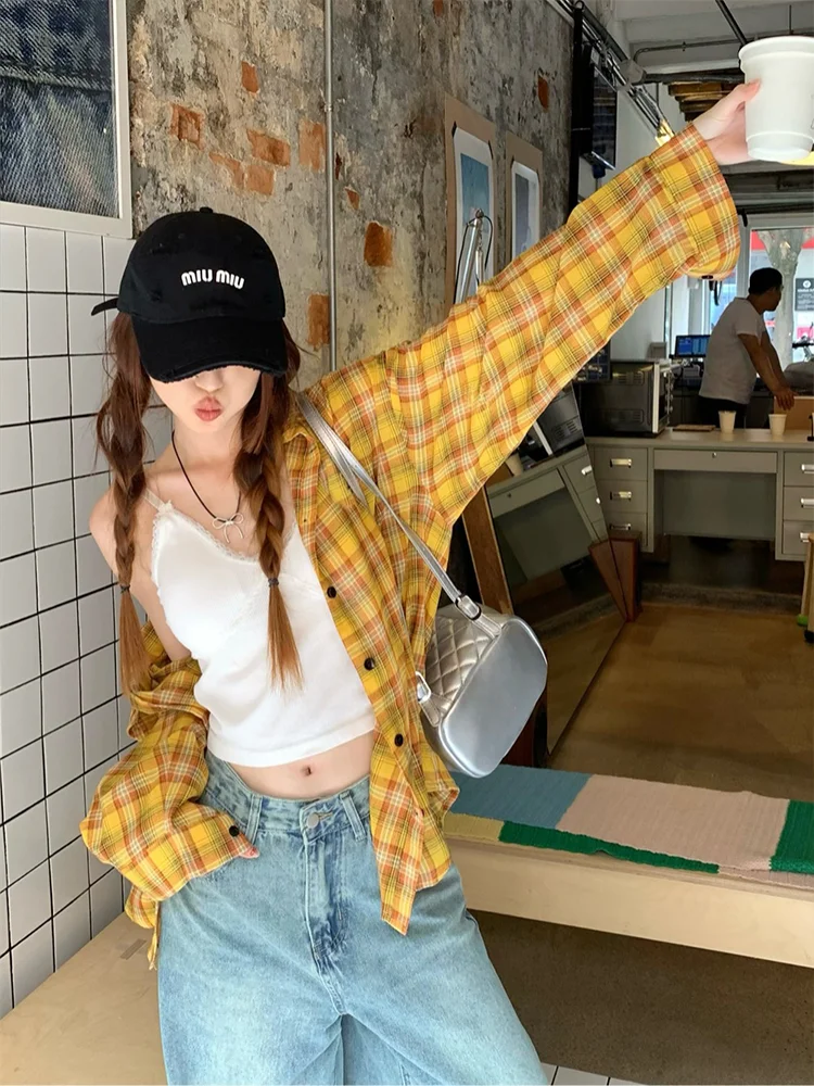 Женская рубашка в клетку ADAgirl желтая винтажная стиле Харадзюку кардиган на