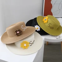 2022 new handmade idyllic letters flower flat top hat summer seaside holiday sunshade hat fashion travel shot straw hat