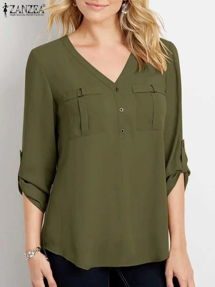 

2023 ZANZEA Fashion Summer V Neck Long Sleeve Shirt Elegant Women Work OL Blouse Female Casual Loose Blusas Femininas Solid Tops