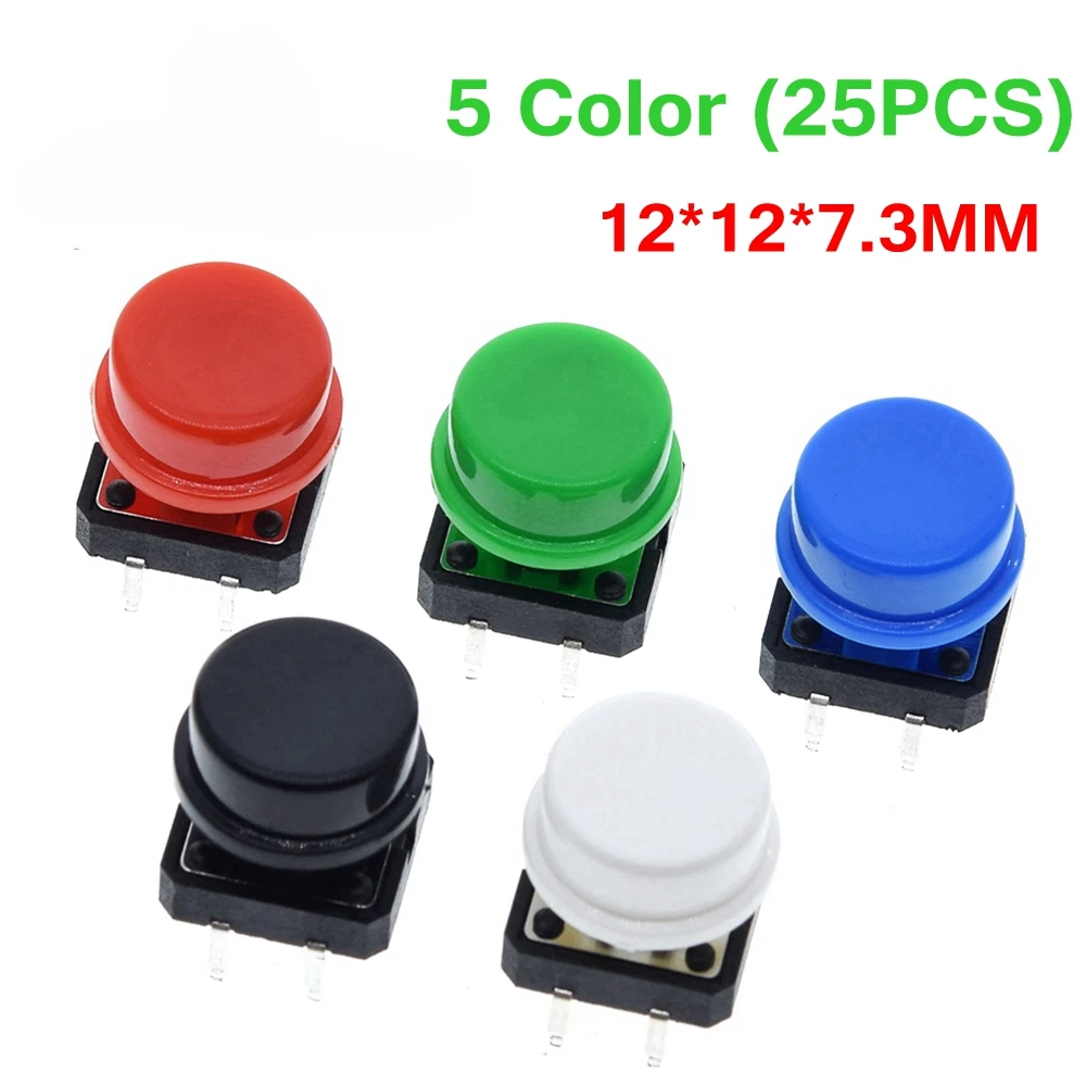 

25PCS Tactile Push Button Switch Momentary 12*12*7.3MM Micro switch button + 25PCS Tact Cap(5 colors) for Arduino Switch