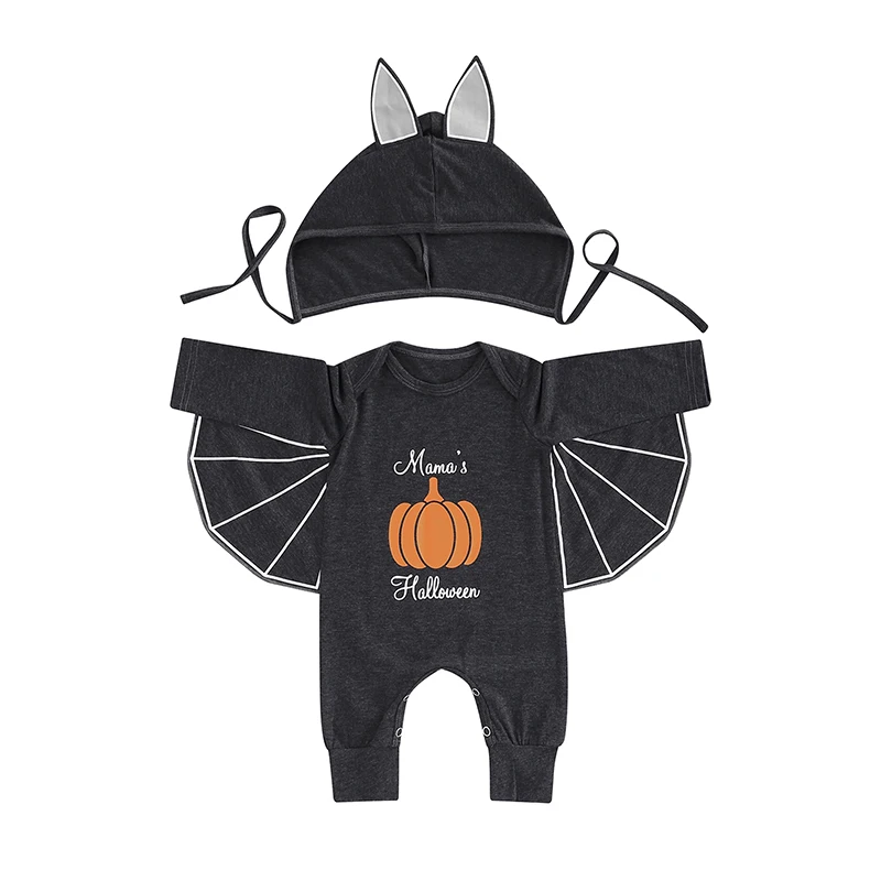 

Baby Girls Boys Halloween Romper 0-18 Month Infant Pumpkin Letter Print Round Neck Long Sleeve Bat Jumpsuits with Ears Hat Set