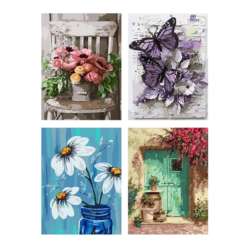 

Paint By Numbers For Adults Beginner,4 Pack DIY Paint By Number Kits On Canvas Butterfly Flowers Oil Painting Home Decor