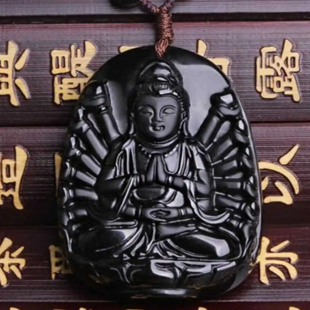 

Obsidian Carved Thousand-Hand Kwan-yin Lucky Amulet Pendant Gemstone Unisex Women Fashion Beads Reiki New Gift Stainless Craft