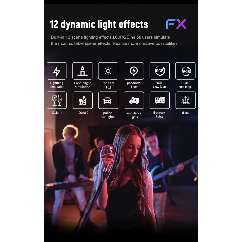Фото Светодиодный светильник LUXCEO L60 для фото- и видеосъемки, RGB, двухцветный, миниатюрный, портативный, с батареей 2500 мАч, COB-подсветка. №3