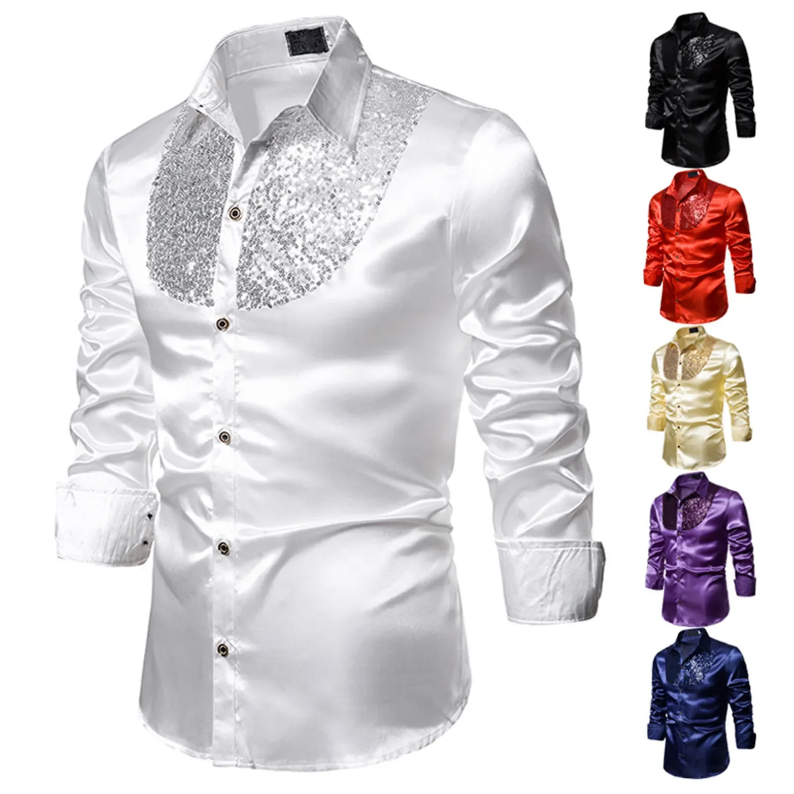 

2022 New Men's Shirt Sequined Performance Nightclub Men's Host MC Men's Lapel Long Sleeve Solid Color Shirt Mens Dress Shirts