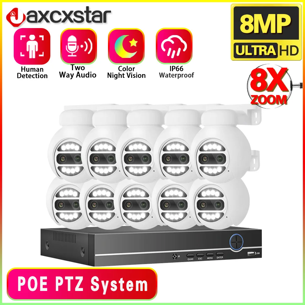 4K камера с двумя объективами POE 8 МП 10-канальный NVR 8-кратный зум двустороннее аудио