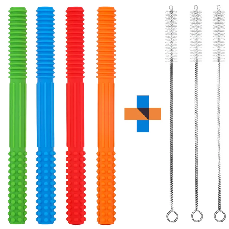

2pcs/set Baby Teether with Brush Food Grade Soft Silicone Baby Molar Bar Teething Hollow Tube Gum Toy