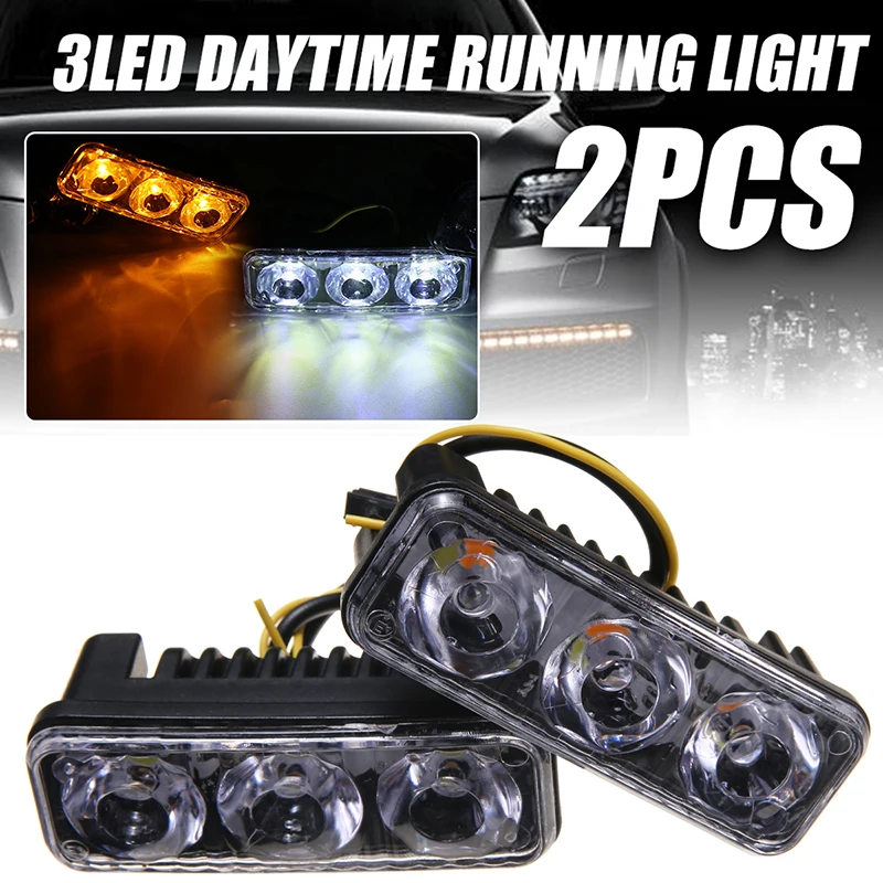 

2pcs 3 LED Amber & White Daytime Running Light 12V Car Turn Signal Indicator Lamps with Mounting Brackets Universal