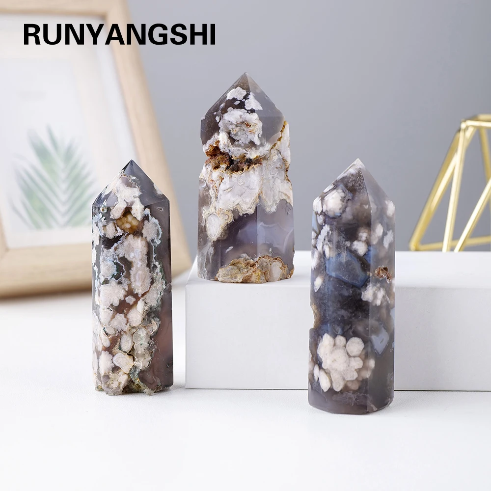 

Natural Stones Black Cherry Blossom Agate Energy Crystal Tower Ornaments Healing Ore Mineral Gemstone Obelisk Home Decoration