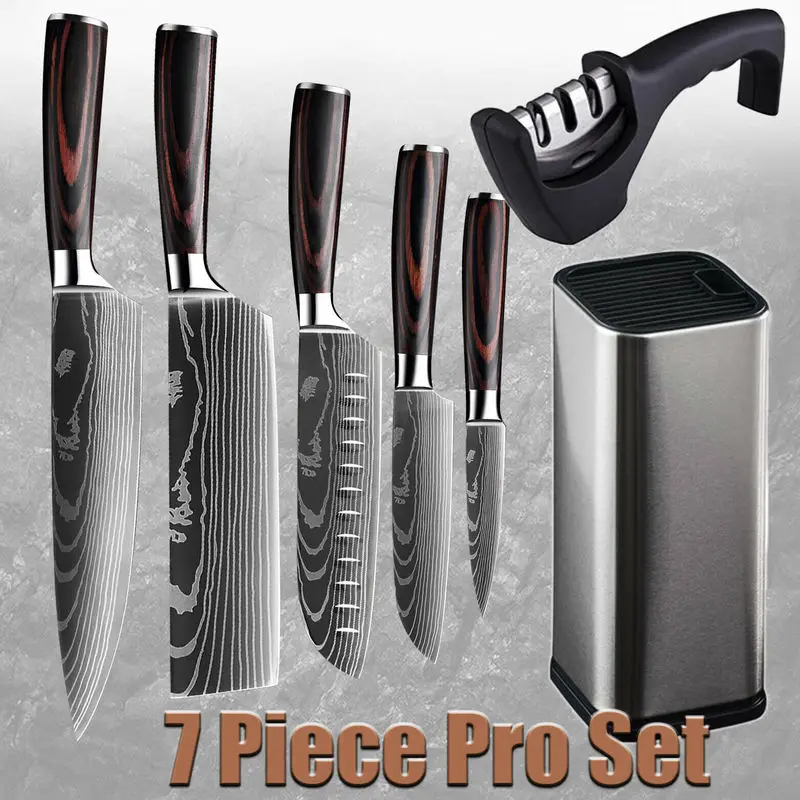 

7pcs/set Kitchen Knife Set Japanese Damascus Pattern Chef's Knife with Accessory Knife Holder Knife Sharpener Kitchen Tools
