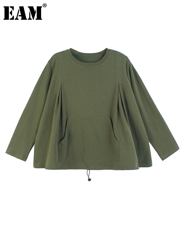 

[EAM] Women Green Pleated Big Size Drawstring Casual T-shirt New Round Neck Long Sleeve Fashion Tide Spring Autumn 2022 1DF0486
