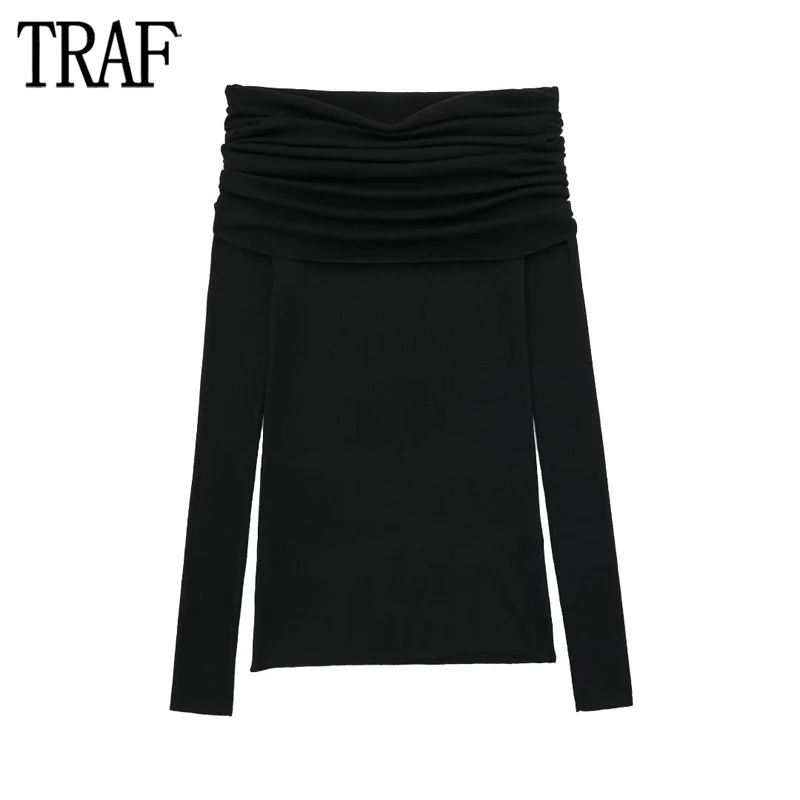 

TRAF Off Shoulder Knit Top Women Black Pleated Blouse Female Long Sleeve Bustier Top Woman Streetwear Backless Tops for Women