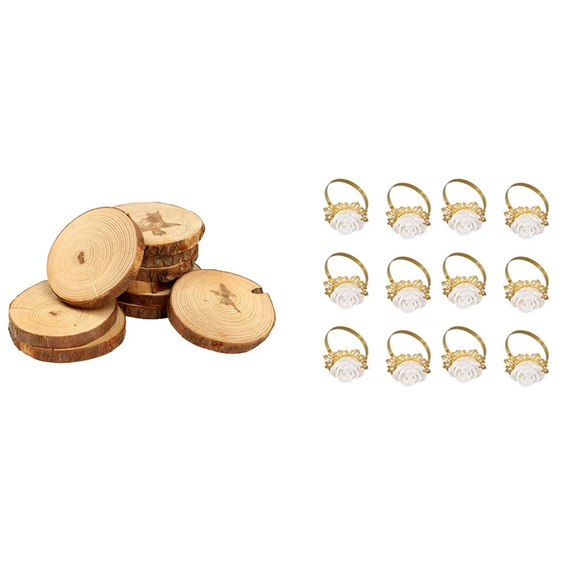 

10PCS Natural Tree Round Wood Log Slice & 12Pcs/Set Resin Rose White Napkin Ring Table Kitchen Serviette Holder