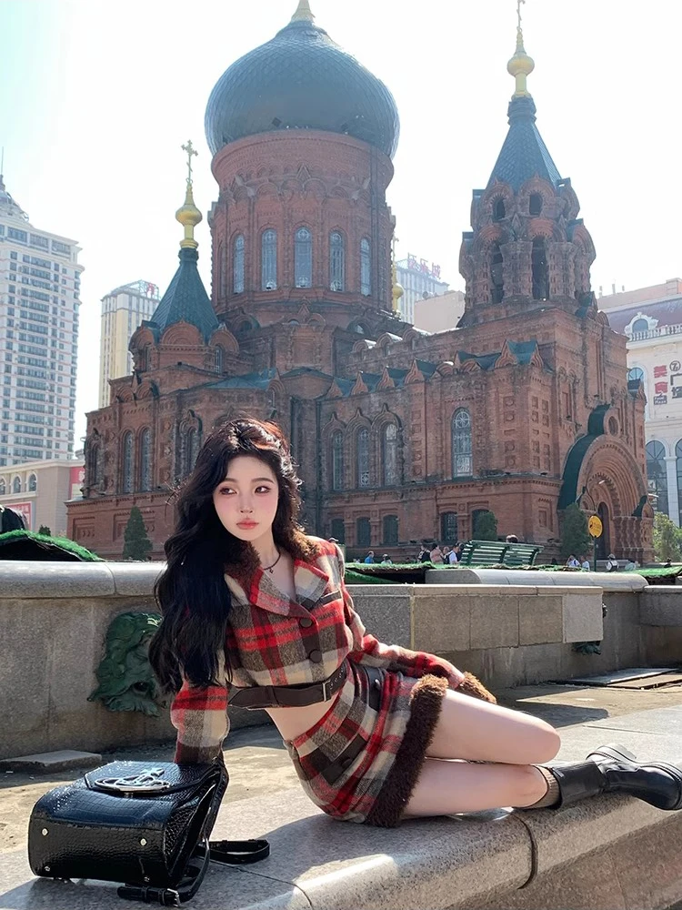 Женский блейзер и мини-юбка ReddaChic из овчины комплект 2 предметов клетчатая