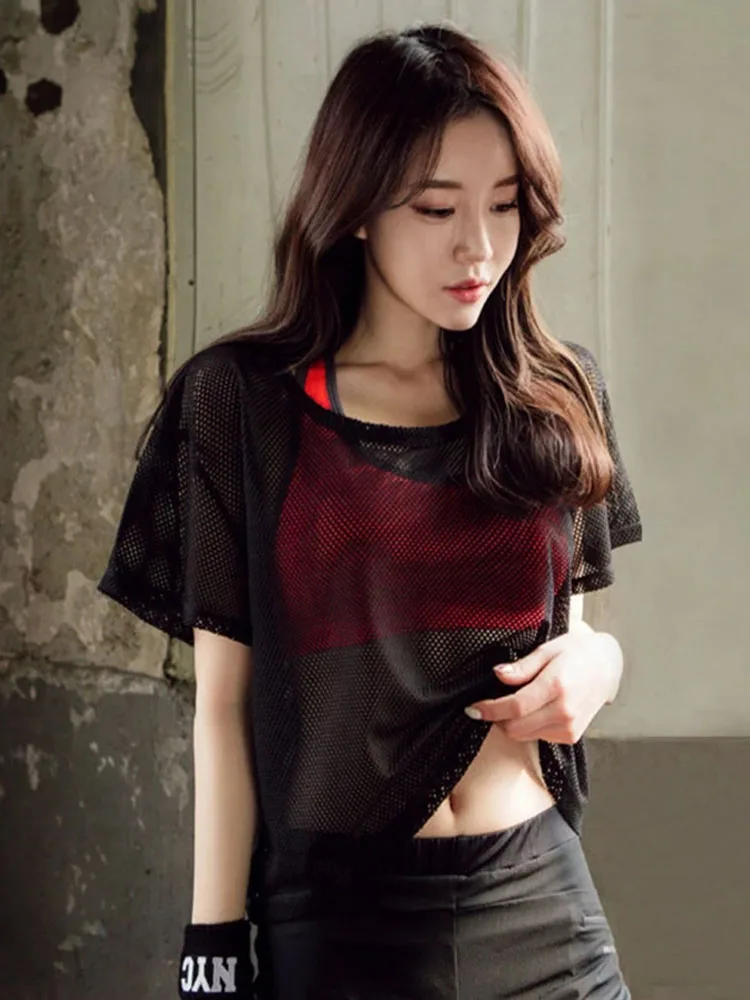 Женская сексуальная сетчатая рубашка для йоги быстросохнущая спортивная