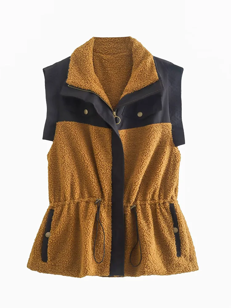 

Fall 2022 Women's Fashion New Retro Casual Lapel Pockets Design Chic Versatile Drawstring Waist Tie Colorblock Vest Jacket