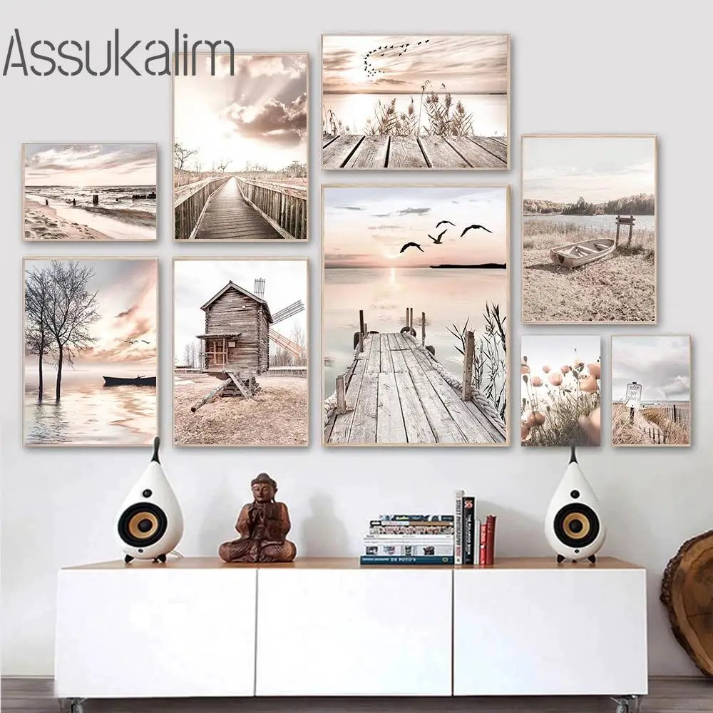 

Sunset Art Painting Canoe Print Poster Seagull Wall Pictures Natural Seascape Art Prints Nordic Wall Posters Bedroom Decor