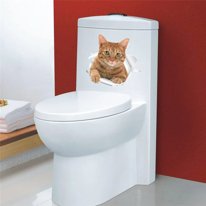 

Cat Wall Stickers For Toilet Bathroom Decoration Cartoon Kitten Animal Mural Art Diy Home Decals 3D Posters