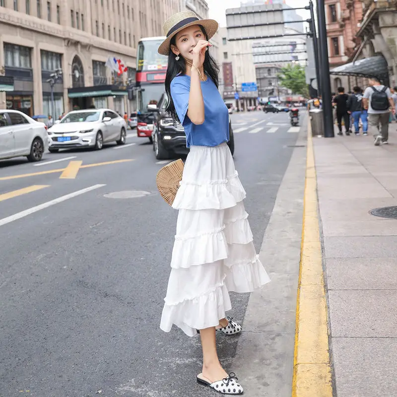 

Women 2022 Summer New Fashion Ruffle Layered Skirt Female High Waist Pleated Skirt Ladies Casual Cake A-line Midi Skirt N18